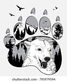 Animal trail. Bear in the wilderness, double exposure for your design, wildlife concept