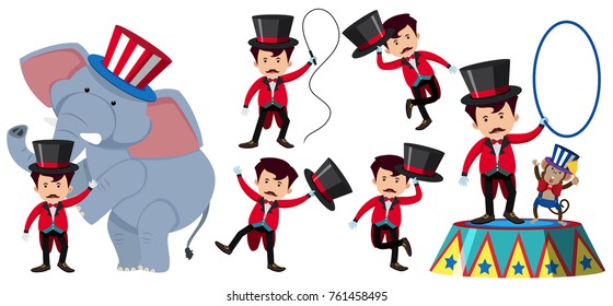 Entrenador de animales en el circo con elefante e ilustración de monos
