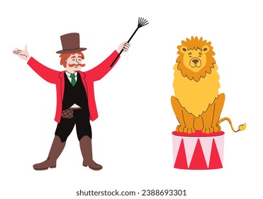 Animal trainer with lion. Circus character in doodle style.