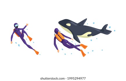Animal Trainer and Orca Performing in Dolphinarium or Oceanarium Cartoon Vector Illustration