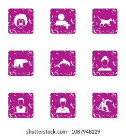 Animal training icons set. Grunge set of 9 animal training vector icons for web isolated on white background