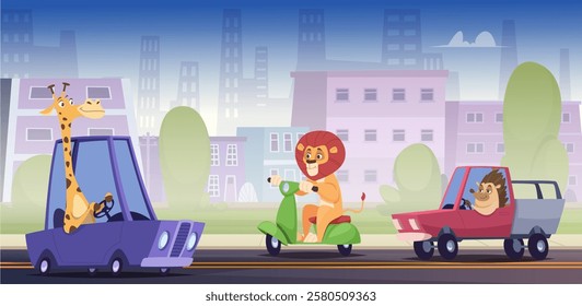 Animal transport. Different cute cars with animals exact vector background illustration in cartoon style