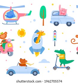 Animal transport seamless pattern. Cute characters in vehicles, baby beasts in helicopter and scooter, adventure travel. Decor textile, wrapping paper wallpaper vector print or fabric