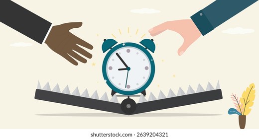 Animal trap with alarm clock. Poor time management, bait. Deception concept. Various multiethnic people want catching watch in trap. flat vector illustration