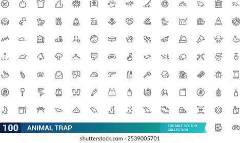 Animal trap icon collection. Featuring cage, bait, capture, wildlife, hunting, and more. Minimal line vector icons set. Vector illustration.