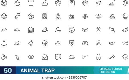 Animal trap icon collection. Featuring cage, bait, capture, wildlife, hunting, and more. Minimal line vector icons set. Vector illustration.