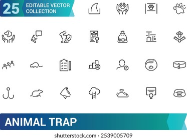 Colección de icono de trampa animal. Con jaula, cebo, captura, vida silvestre, caza y más. Conjunto de iconos vectoriales de línea mínima. Ilustración vectorial.