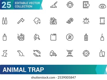 Animal trap icon collection. Featuring cage, bait, capture, wildlife, hunting, and more. Minimal line vector icons set. Vector illustration.