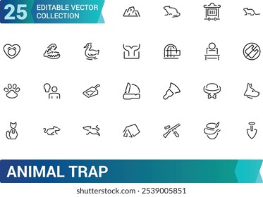 Colección de icono de trampa animal. Con jaula, cebo, captura, vida silvestre, caza y más. Conjunto de iconos vectoriales de línea mínima. Ilustración vectorial.