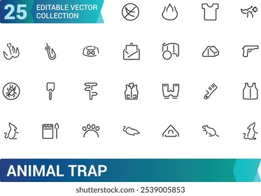 Animal trap icon collection. Featuring cage, bait, capture, wildlife, hunting, and more. Minimal line vector icons set. Vector illustration.