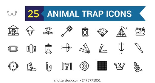 Symbole für Tierfallen festgelegt. Umriss-Satz von Tierfalle Vektor-Icons für UI-Design. Kollektion des Gliederungssymbols. Bearbeitbarer Strich.