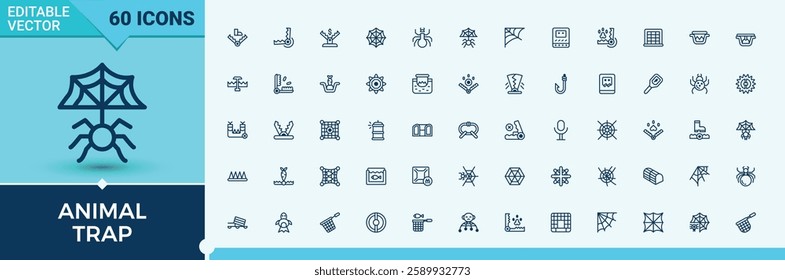 Animal Trap line icons. Contains linear outline icons like art, trap, rescue, wildlife, equipment, bait and more. Expanded stroke. Modern line and solid vector.