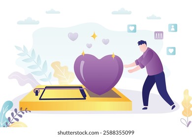 Animal trap that uses the heart as bait. Trap of love. Handsome man catching heart from mousetrap. Deception problems concept. flat vector Illustration