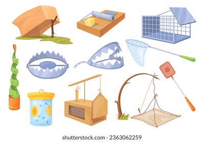 Animal traps. Isolated cruel trap for booby animals hunting in forest, metal bear trapping mousetrap pitfall with rope bird catch, dangerous game cartoon neat vector illustration of catch and trap