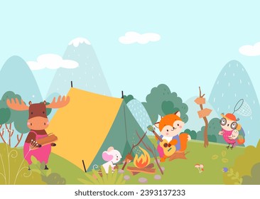 Animal travel in forest. Funny animals rest on nature in camping with tent and campfire. Outdoor walking with friends, nowaday vector illustration