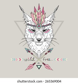 animal tribal illustration, lynx indian warrior, native american poster, t-shirt hand drawn graphic