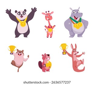 Animal with trophy. Happy cartoon animals holding golden medal or cup of sport achievement exact vector successful characters