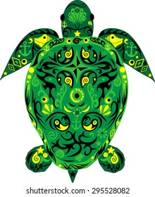 Animal a turtle, a sea animal, a green reptile, a turtle with drawing, patterns on an armor, 