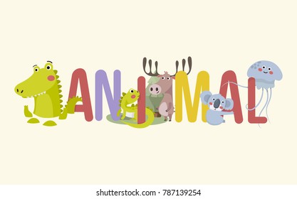 Animal typography vector design for greeting cards and poster with crocodile, iguana, deer, koala bear and jellyfish.Cute simple vector animal.