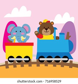 Animal vacation series. cute bear and cute elephant riding train together