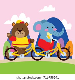 Animal vacation series. A cute bear and cute elephant riding their bicycle together