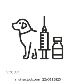 animal vaccination icon, pet vaccine, dog with syringe, line symbol on white background - editable stroke vector illustration eps10