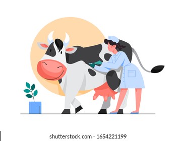 Animal vaccination. Nurse making a vaccine injection to a cow. Idea of vaccine injection for protection from disease. Medical treatment and healthcare. Immunization metaphor. Vector flat illustration