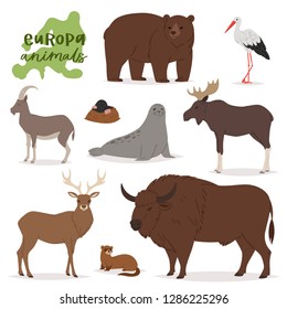 Carácter animalista del vector animal en los osos de los bosques elk de Europa ilustración de la fauna silvestre conjunto de cabra europea depredadora de montaña aislada de fondo blanco