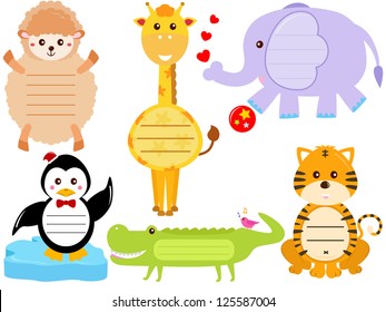 Animal Vector of blank Label, tag in sweet pastel color - sheep, giraffe, elephant, penguin, crocodile, tiger. A set of cute and colorful icon collection isolated on white background