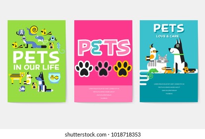 Animal vector brochure cards set. Home pets template of flyer, magazines, posters, book cover, banners. Wildlife invitation concept background. Layout domestic illustrations modern page