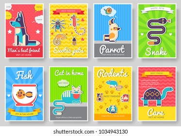 Animal vector brochure cards set. Home pets template of flyear, magazines, posters, book cover, banners. Wildlife invitation concept  background. Layout domestic illustrations modern page.