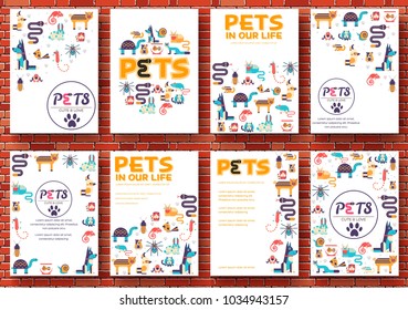 Animal vector brochure cards set. Home pets template of flyear, magazines, posters, book cover, banners. Wildlife invitation concept  background. Layout domestic illustrations modern page.