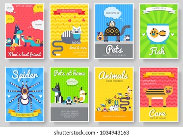 Animal vector brochure cards set. Home pets template of flyear, magazines, posters, book cover, banners. Wildlife invitation concept  background. Layout domestic illustrations modern page.