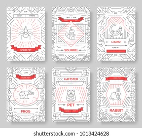 Animal vector brochure cards thin line set. Cute home pets template of flyer, magazines, posters, book cover, banners. Layout domestic wildlife  outline illustrations modern pages