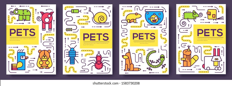 Animal vector brochure cards thin line set. Cute home pets template of flyer, magazines, posters, book cover, banners. Layout domestic wildlife  outline illustrations modern pages