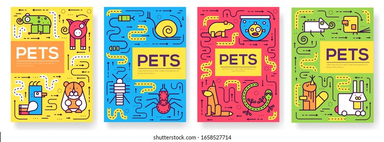 Animal vector brochure cards thin line set. Cute home pets template of flyer, magazines, posters, book cover, banners. Layout domestic wildlife  outline illustrations modern pages