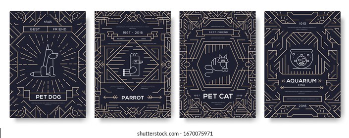 Animal vector brochure cards thin line set. Layout domestic wildlife  outline illustrations modern pages. Cute home pets template of flyer, magazines, posters, book cover, banners. 