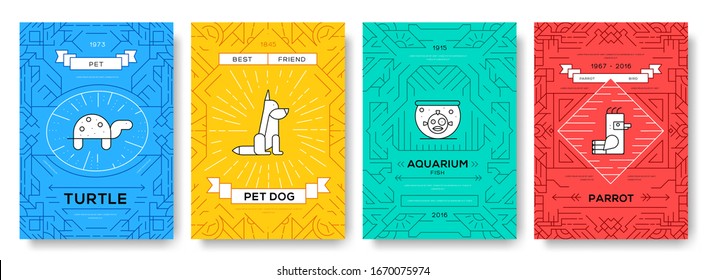 Animal vector brochure cards thin line set. Layout domestic wildlife  outline illustrations modern pages. Cute home pets template of flyer, magazines, posters, book cover, banners. 