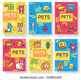 Animal vector brochure cards thin line set. Cute home pets template of flyear, magazines, posters, book cover, banners. Layout domestic wildlife  outline illustrations modern pages