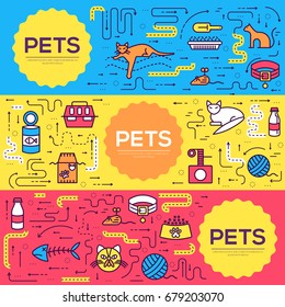 Animal vector brochure cards thin line set. Cute home pets template of flyear, magazines, posters, book cover, banners. Layout domestic wildlife  outline illustrations modern pages