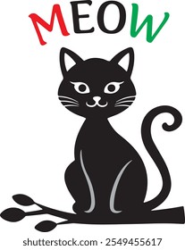 animal Vetor gato ícone símbolo ícone preto sentado gato silhueta isolado no fundo branco. Citando MEW MEW, MAN. Gatinho bonito. Design de impressão para camisetas, adesivos, lembranças. animais bem humorados.