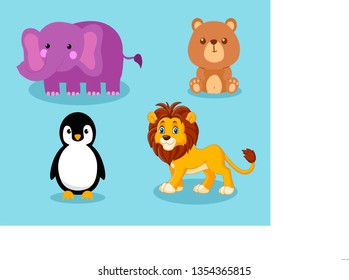 Animal vector, containing elephants, penguins, lions, bears, cute and smooth animals
