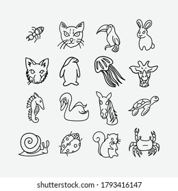 Iconos de doodle vectorial animal. Línea dibujada a mano en la ilustración del esbozo de dibujo.