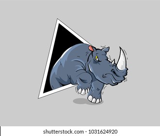 Animal vector graphics of an angry wild  Rhinocero. Cartoon graphics of the mad African animal with big horn on the head. African fauna, Africa and safari visuals.