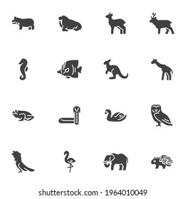 Animal vector icons set, modern solid symbol collection, filled style pictogram pack. Signs, logo illustration. Set includes icons as hippo kangaroo deer giraffe elephant porcupine fish flamingo