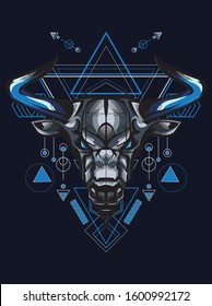 animal vector illustration angry blue bull, buffalo, taurus zodiac symbol in sacred geometry