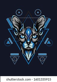 Animal vector illustration angry blue sphinx cat with geometric background