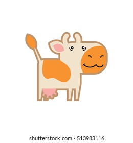 Animal vector illustration isolated on white background. Happy white cow with orange spots for kindergarten, elementary school, toy store, kids clothing shop. Logotype for children brand.