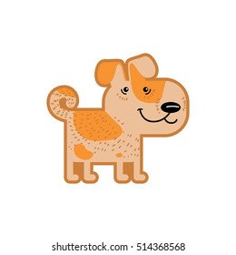 Animal vector illustration isolated on white background. Happy smiling beige dog with orange spots for kindergarten, elementary school, toy store, kids clothing shop. Logotype for children brand.