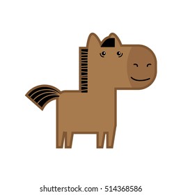 Animal vector illustration isolated on white background. Happy brown horse for kindergarten, elementary school, toy store, kids clothing shop. Logotype for children brand.